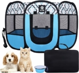 Foldable Pet Playpen with Storage Bag, Pet Bowl and Detachable Sunshade