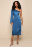 Women’s Positively Excellent Teal Blue Satin One-Shoulder Midi Dress