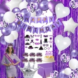 Purple Birthday Party Decorations w/ Tablecloth, Sash, Cake Topper, Fringe Curtain, Photo Props, Banner, & More