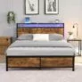 Queen Size Bed Frame with LED Lights, 2 USB Ports and Storage Self