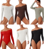 REORIA Women’s Long Sleeve Oblique-Shoulder Double Layer Ruched Sexy Bodysuit