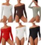 REORIA Women’s Long Sleeve Oblique-Shoulder Double Layer Ruched Sexy Bodysuit