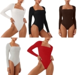REORIA Women’s Long Sleeve Square Neck Double Layer Sexy Bodysuit