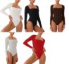 REORIA Women’s Long Sleeve Square Neck Double Layer Sexy Bodysuit