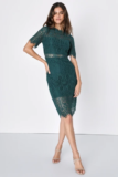 Women’s Remarkable Forest Green Sheer Lace Short Sleeve Mini Dress