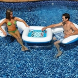 SWIMLINE ORIGINAL Inflatable Game Table Station With Waterproof Playing Cards & Two Inflatable Sling Chairs W/ CupHolders