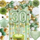 30th Anniversary Garland, Banner, Tissue Pom Poms, Foil Backdrop, Cake Topper in Neutral Green Boho Style