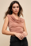 Women’s Sensational Class Light Brown Ruched Cowl Neck Sleeveless Top