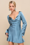 Women’s Sensational Fate Slate Blue Satin Cowl Neck Mini Dress