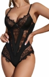 Women’s Sexy V Neck Sheer Underwire Floral Lace Lingerie Teddy Bodysuit