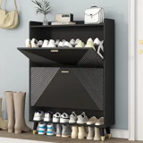 Slim Wooden Freestanding Shoe Cabinet with Cubby and Shelf