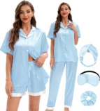 3-Pc Women&#8217;s Silky Satiny Pajama Set w/ Sleep Eye Mask (Small &#038; Medium)