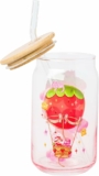 Silver Buffalo Care Bears and Strawberry Shortcake Featuring Cheer Bear Glass Jar Tumbler with Bamboo Lid and Glass Straw, 16 Ounces