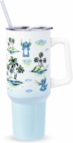 Silver Buffalo Disney Lilo and Stitch Vintage Sketch Palm Trees and Flowers Stainless Steel Tumbler with Handle and Straw, Fits in Standard Cup Holder, 40 Ounces