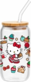 Silver Buffalo Sanrio Hello Kitty Sweet Christmas Holiday Desserts and Gingerbread Houses Glass Jar Tumbler with Bamboo Lid and Glass Straw, 16 Ounces