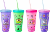 Set of 4 Silver Buffalo Sanrio Color Changing Plastic Tumbler Set with Glitter Straw, 24 oz