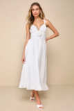 Women’s Soiree Beauty White Pleated Rosette Tiered Lace-Up Midi Dress