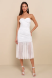 Women’s Sparkling Babe White Mesh Rhinestone Ruched Strapless Midi Dress