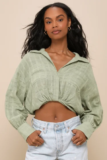 Women’s Sunny Day Choice Sage Green Textured Cropped Collared Top