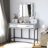 Makeup Vanity Desk with 3 Color Dimmable Lighted Hollywood Mirror, White Vanity with 4 Drawers