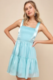 Women’s Thriving Darling Shiny Teal Blue Sleeveless Tiered Mini Dress