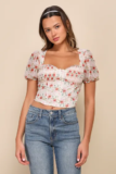 Women’s Undeniable Sweetie Ivory Floral Puff Sleeve Tie-Back Bustier Top