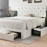 Leather Upholstered with Diamond Tufted Headboard w/ 3 Storage Drawers, Queen Size