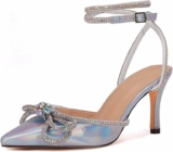 Women’s Double Bow Pointed Toe Ankle Strap Crystal Pumps