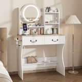 Makeup Vanity Desk with Charging Station, 3 Lighting Modes & Adjustable Brightness Dressing Table with 2 Drawers