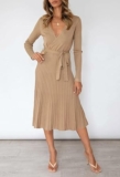 Women’s V-Neck Wrap Pleated Midi Sweater Dress with Belt