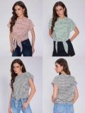 Women’s Striped Cap Sleeve Crew Neck Tie Knot Crop Top