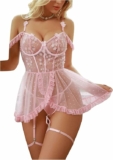 4-Pc Women’s Floral Applique Mesh Sheer Lingerie Set w/ Garter