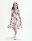 Girls Short Sleeves Floral Printed Dress with Pocket and Elastic Waistband