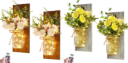 Set of 2 Wall Decor Mason Jar Sconces with Flower & Fairy Lights