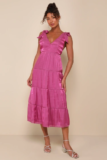 Women’s Exemplary Shine Magenta Organza Tie-Strap Tiered Midi Dress