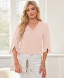 Women’s 3/4 Sleeve Tops Pleated V Neck Blouse