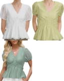 Women’s Tops Short Puff Sleeve V Neck Cropped Shirt