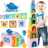 Wooden Baby Nesting Toys with 8 Nesting Boxes + 6 Pcs Hole Dinosaur Bathtub Toy