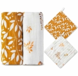 Set of 4  Baby Muslin Swaddle Blankets & Washcloth Set